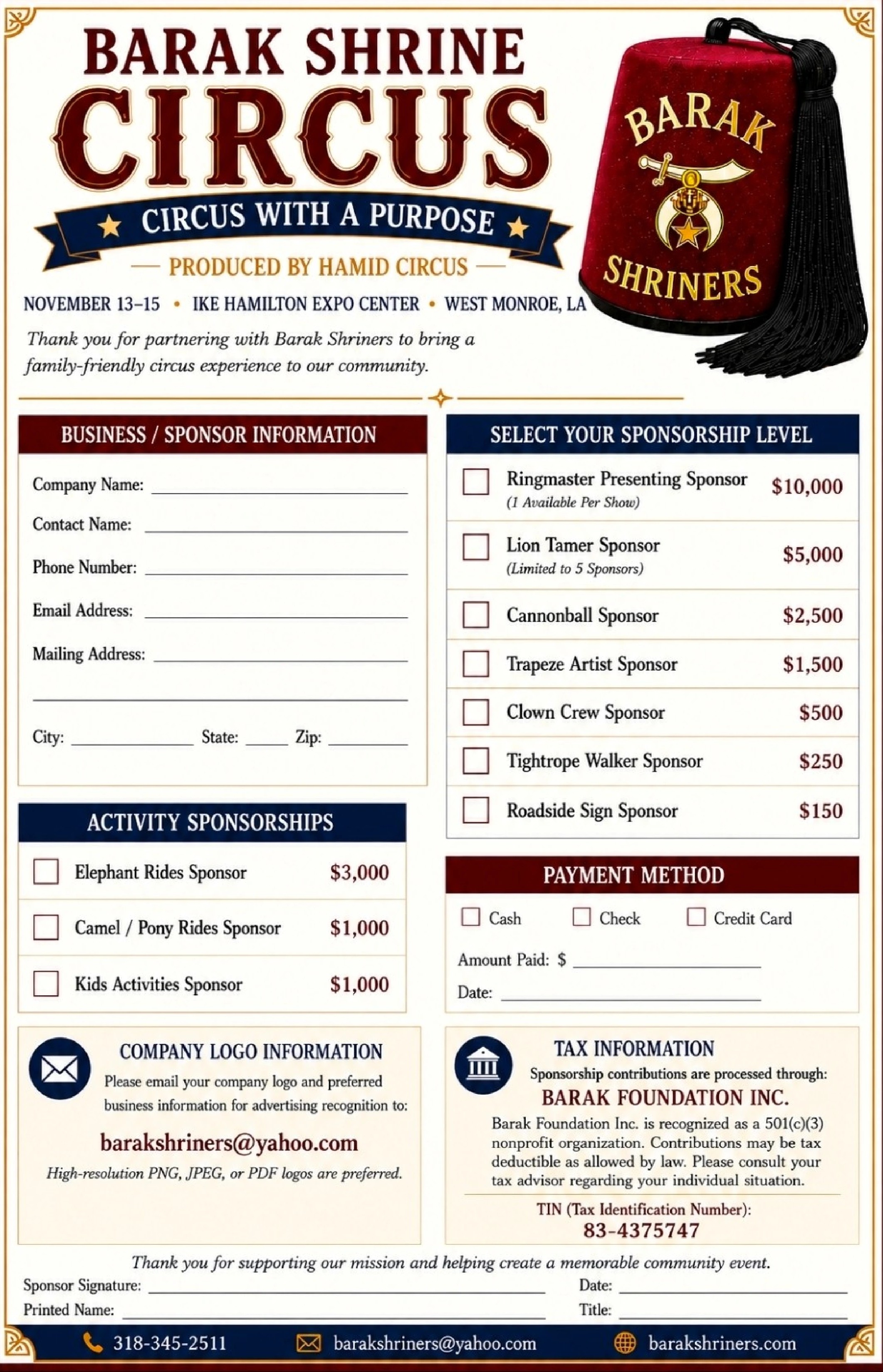 Barak Shrine Annual Circus sponsor form flyer